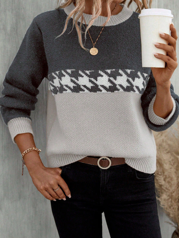 "Contrast Color Round Neck Pullover – Fashionable Geometric Pattern Knitted Sweater"