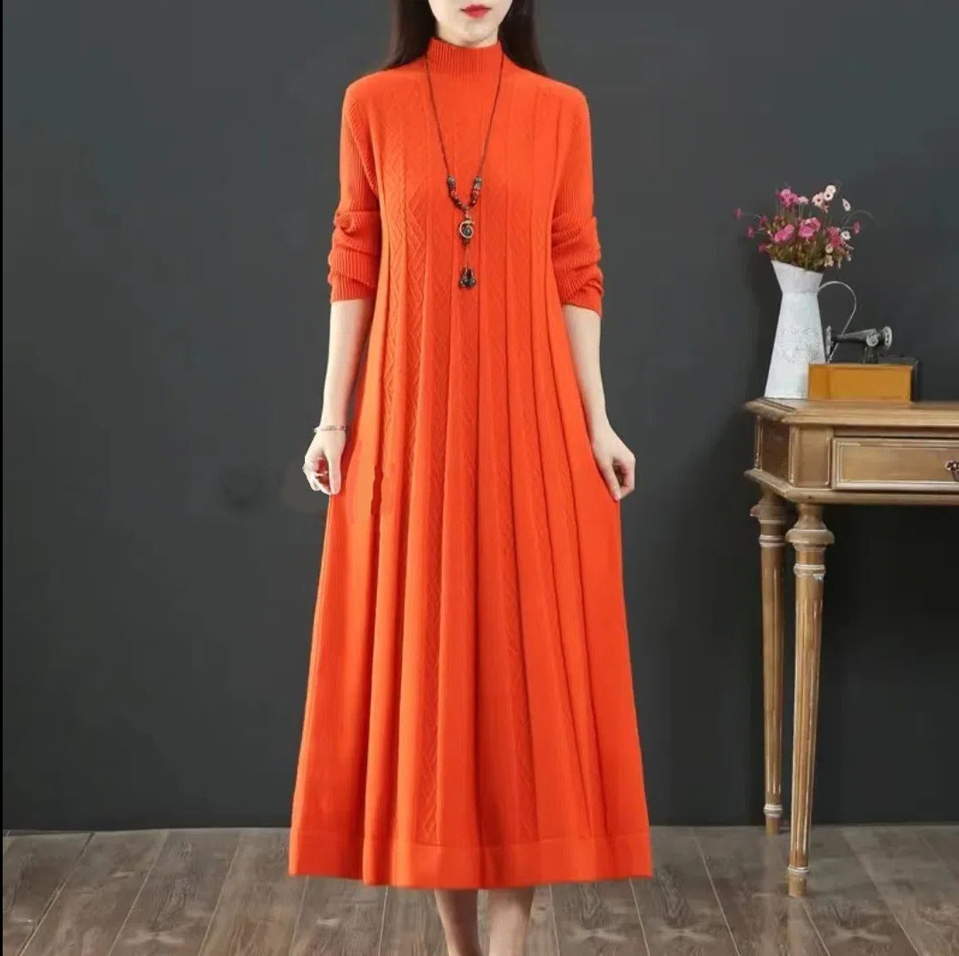 "Women's Loose Solid Color Sweater Pleated Dress – Casual Chic for Everyday Style"