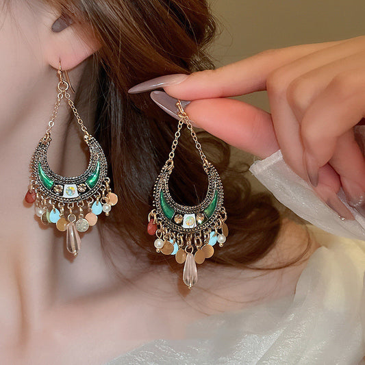 "Bohemian Style Colorful Moon Sequined Tassel Earrings – Vibrant & Playful Statement Jewelry"