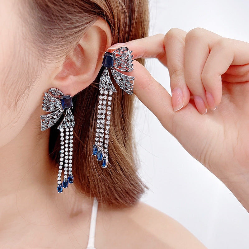 French Heavy Industry Color Tassel Long Zircon Earrings