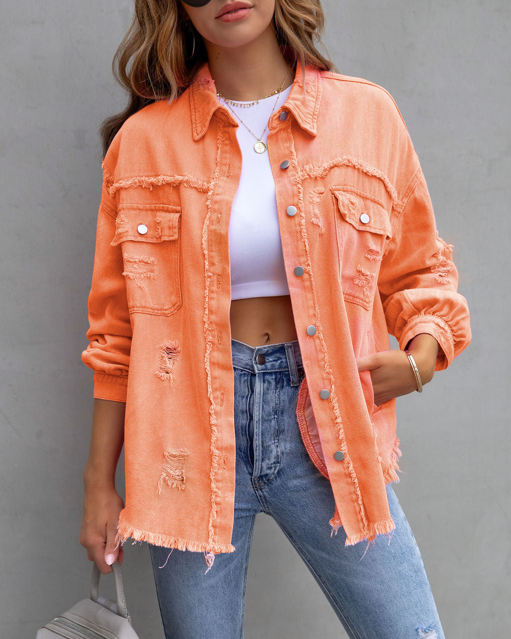 "Fashion Ripped Shirt Jacket – Casual Women's Top for Autumn and Spring"