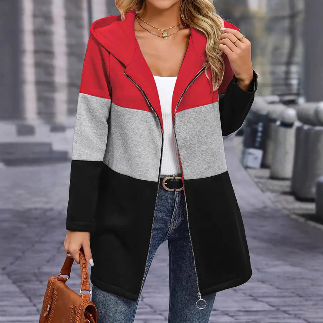 "Autumn and Winter Leisure Fashion Patchwork Hooded Jacket – Loose Color Contrast Style for Casual Comfort"