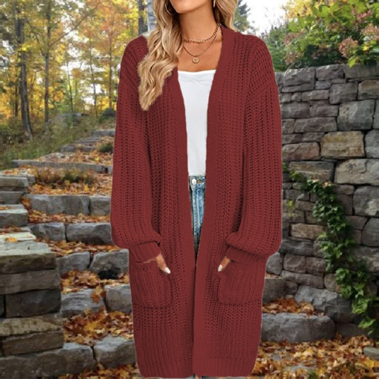 "European & American Lantern Sleeve Cardigan – Loose Fit Mid-Length Sweater with Pockets for Autumn & Winter"