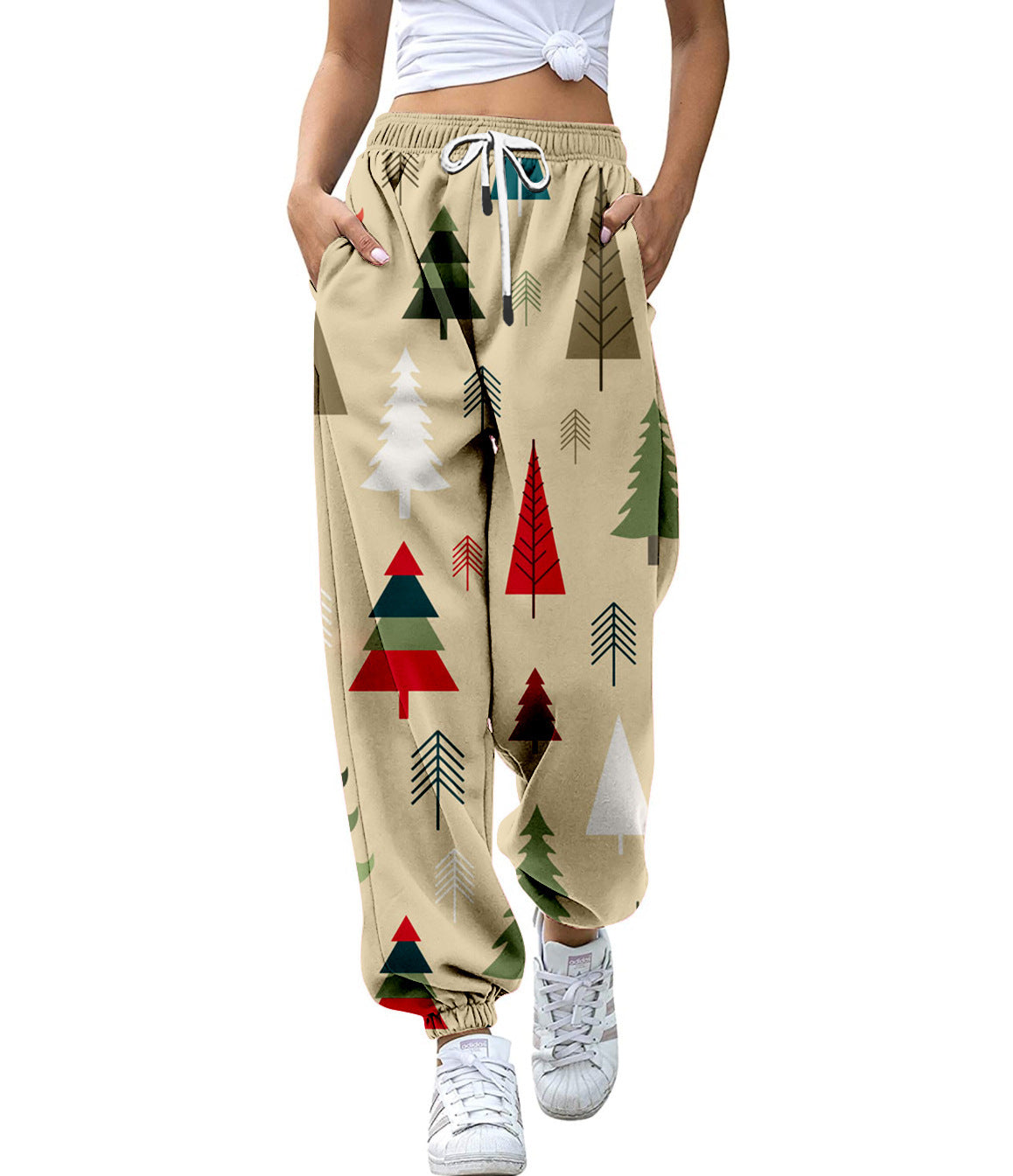 "European & American Christmas High-Waist 3D Printed Casual Drawstring Pants for Women"