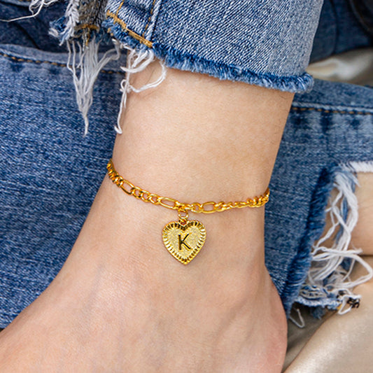 "Golden Initial Grace – Heart Pendant Letter Anklet for Women"