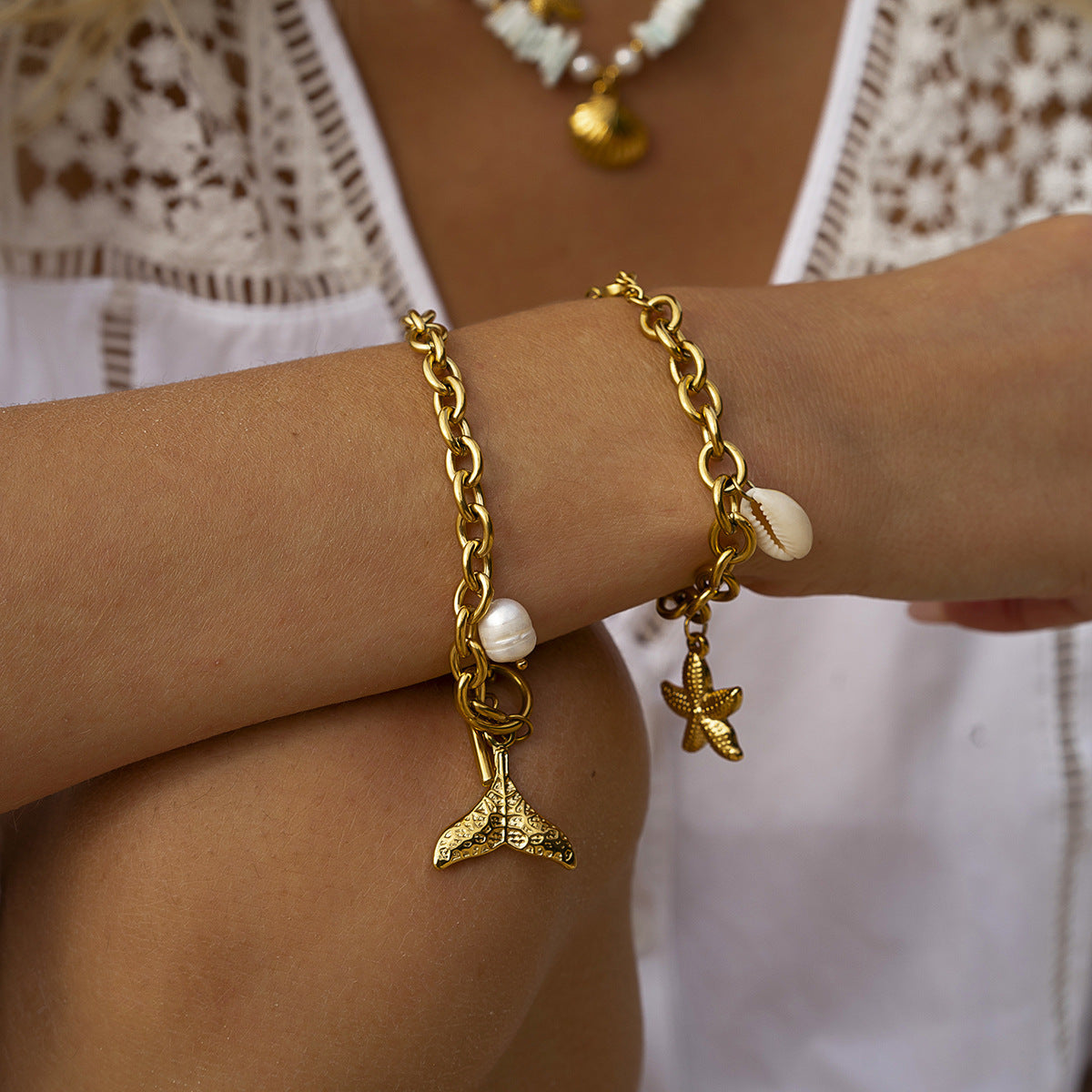 Stainless Steel Starfish Shell Conch Bracelet