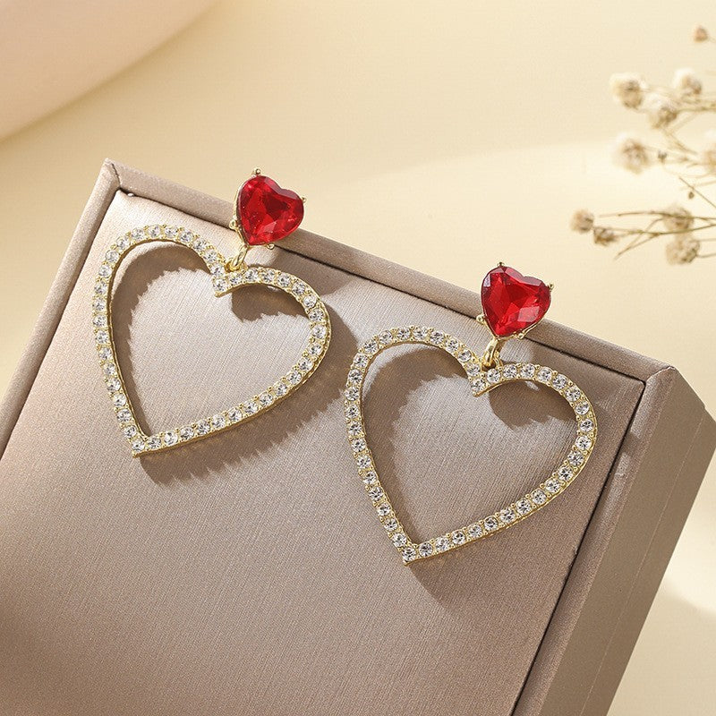 Double Heart Ruby Full Diamond Micro Inlaid Hollow Earrings With Peach Heart And Gentle Temperament