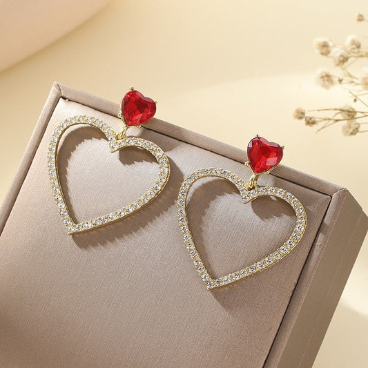 Double Heart Ruby Full Diamond Micro Inlaid Hollow Earrings With Peach Heart And Gentle Temperament