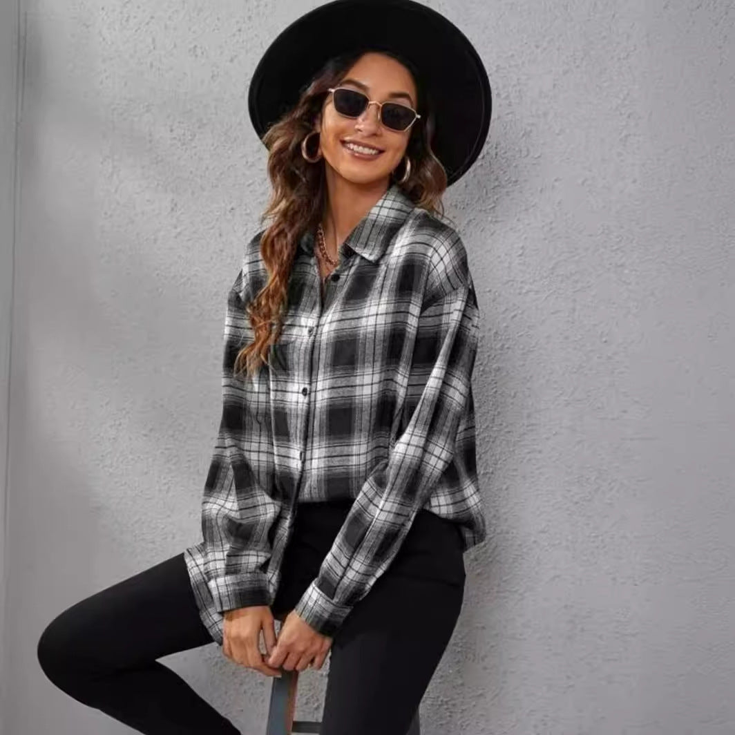 "Women's Fashion Plaid Cardigan Loose Shirt – Casual & Cozy Layer"