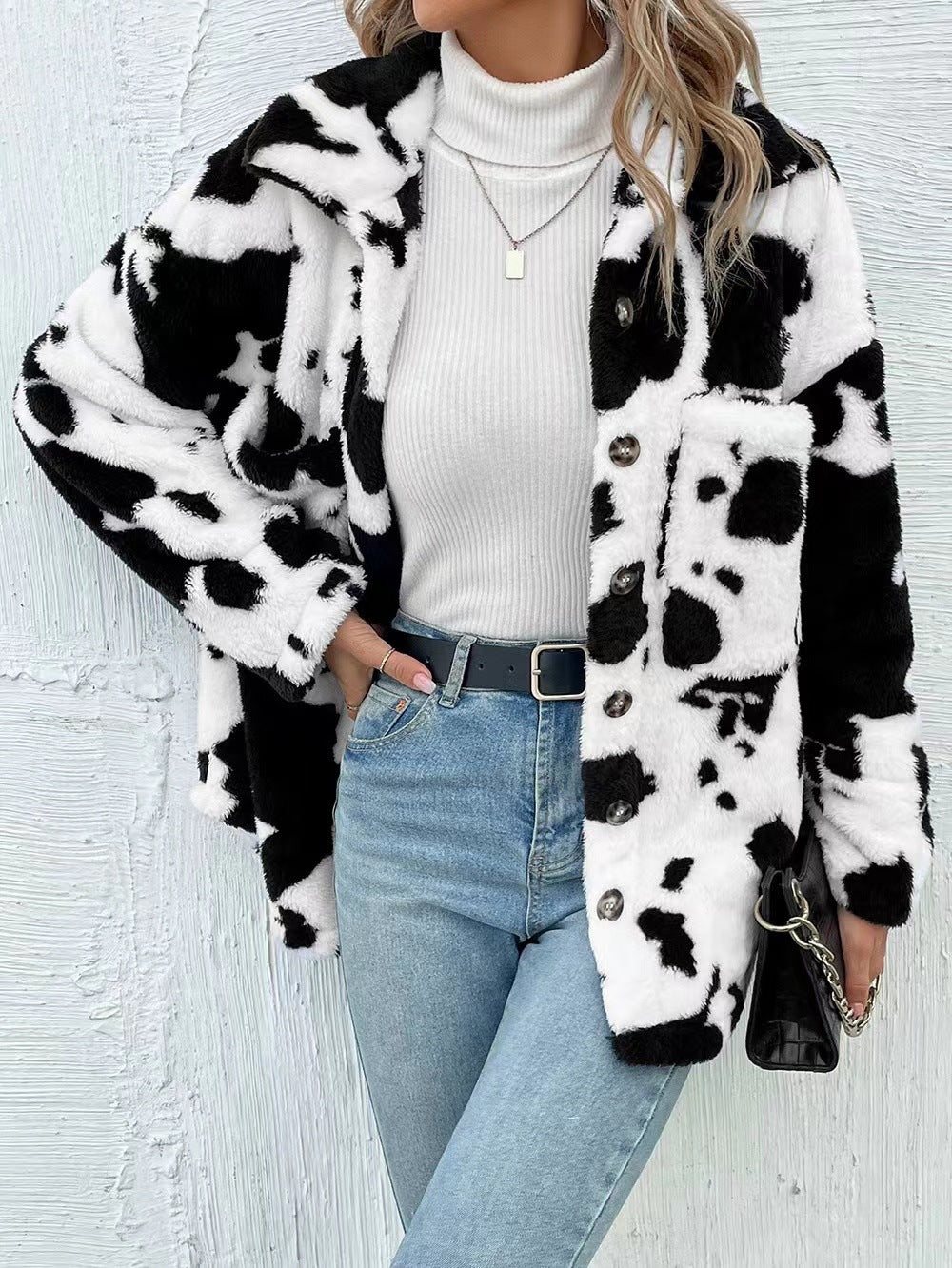 "Double-Sided Plush Cow Pattern Pocket Top Coat – Cozy & Trendy Outerwear for Women"