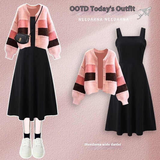 "Women's Chanel-inspired Suit – 2024 Spring Bow Knitted Sweater & Slimming Versatile Dress Two-piece Set"