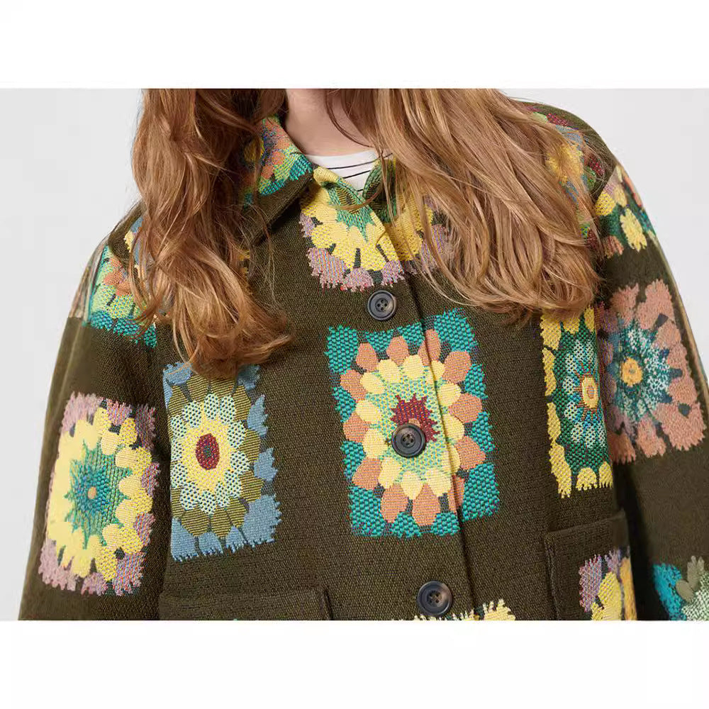 "Stylish Green Floral Lapel Long Sleeve Jacket Coat – Elegant Flower Print for Women"