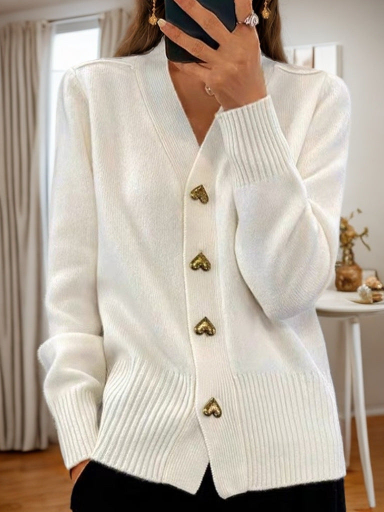 "Autumn & Winter Solid Color Long Sleeve V-Neck Knitted Cardigan"