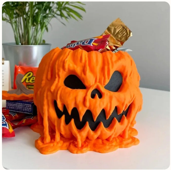 "Melting Halloween Pumpkin Candy Bowl with Lid – Reusable Spooky Candy Dish for Halloween Decor"