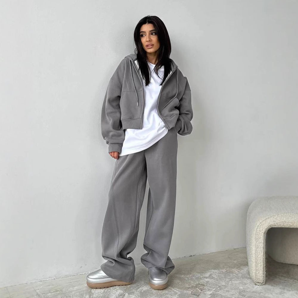 "Women's Zipper Solid Color Long-Sleeved Hooded Sweater & Straight Casual Pants Set"