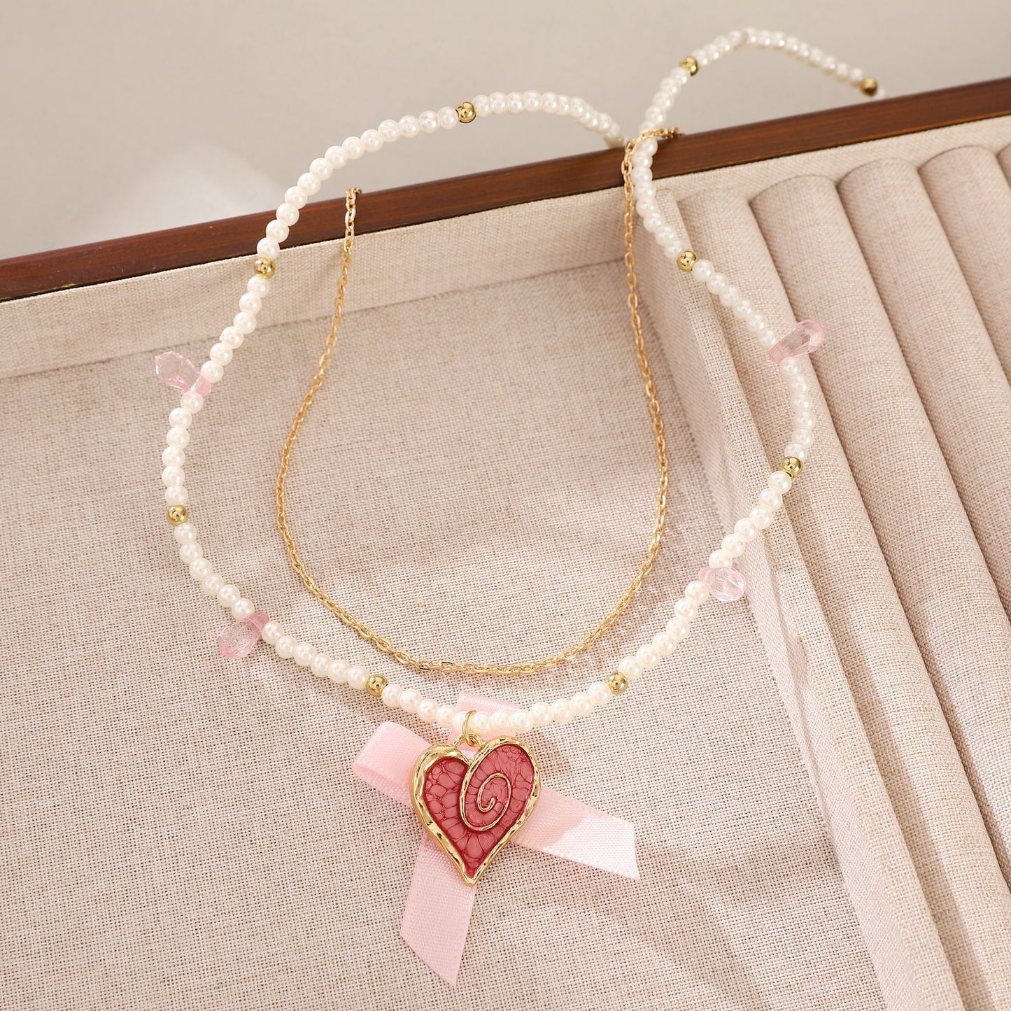 Love Heart Bow Tie Pearl Necklace Clavicle Chain