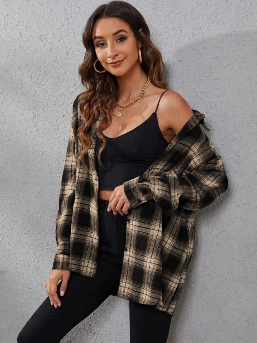 "Women's Fashion Plaid Cardigan Loose Shirt – Casual & Cozy Layer"