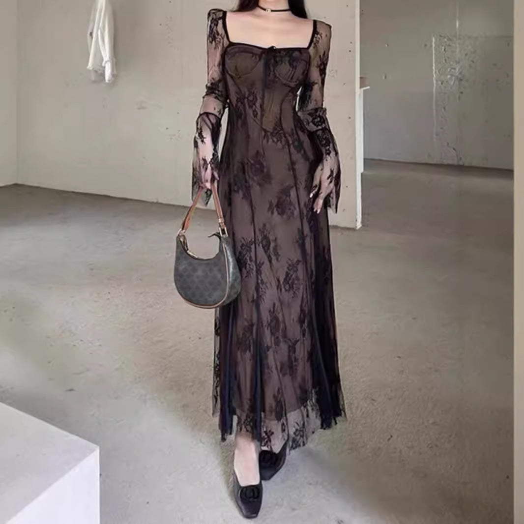 "Women's Lace Mesh Fishtail Dress - Elegant Slim Fit Gown"