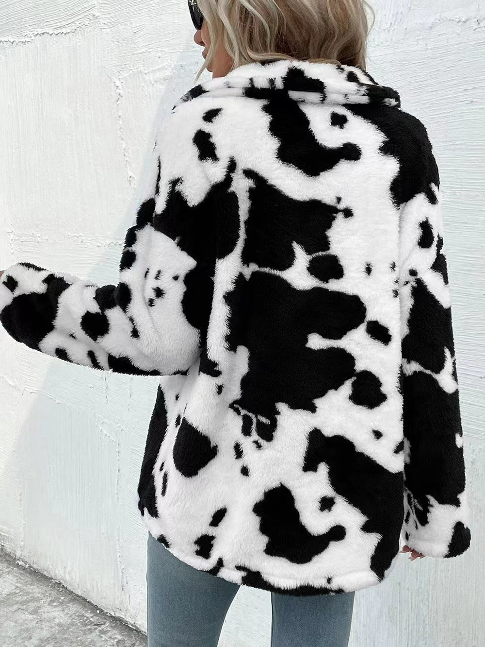 "Double-Sided Plush Cow Pattern Pocket Top Coat – Cozy & Trendy Outerwear for Women"