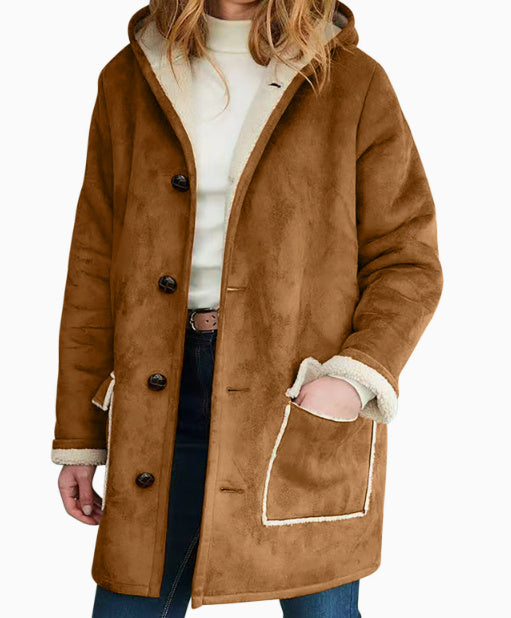 "Solid Color Retro Suede Hooded Coat – Autumn & Winter Women's Long Sleeve Pocket Loose Sweater"