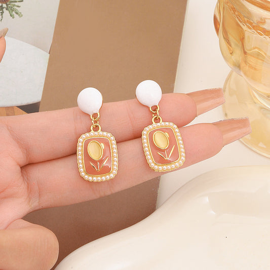 S925 Tulip Opal Stone Ear Studs Cube Sugar Pearl French Vintage Earrings Cream Color