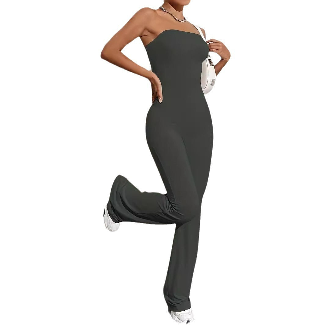 "Solid Color Strapless Tube Top Jumpsuit - Flared Fit One-Piece Trousers for Women"