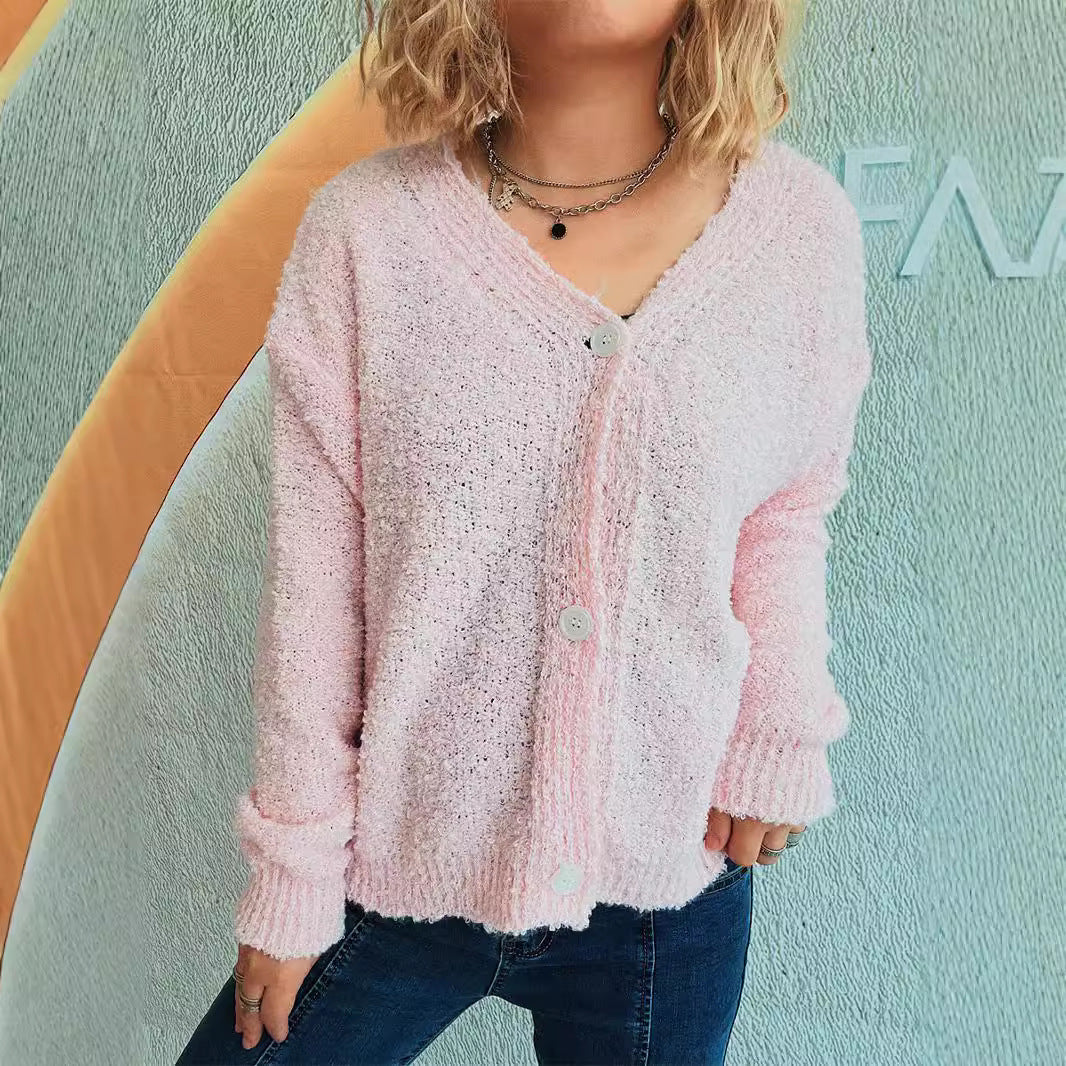 "Solid Color V-Neck Single-Breasted Seersucker Knitted Cardigan Coat for Women"