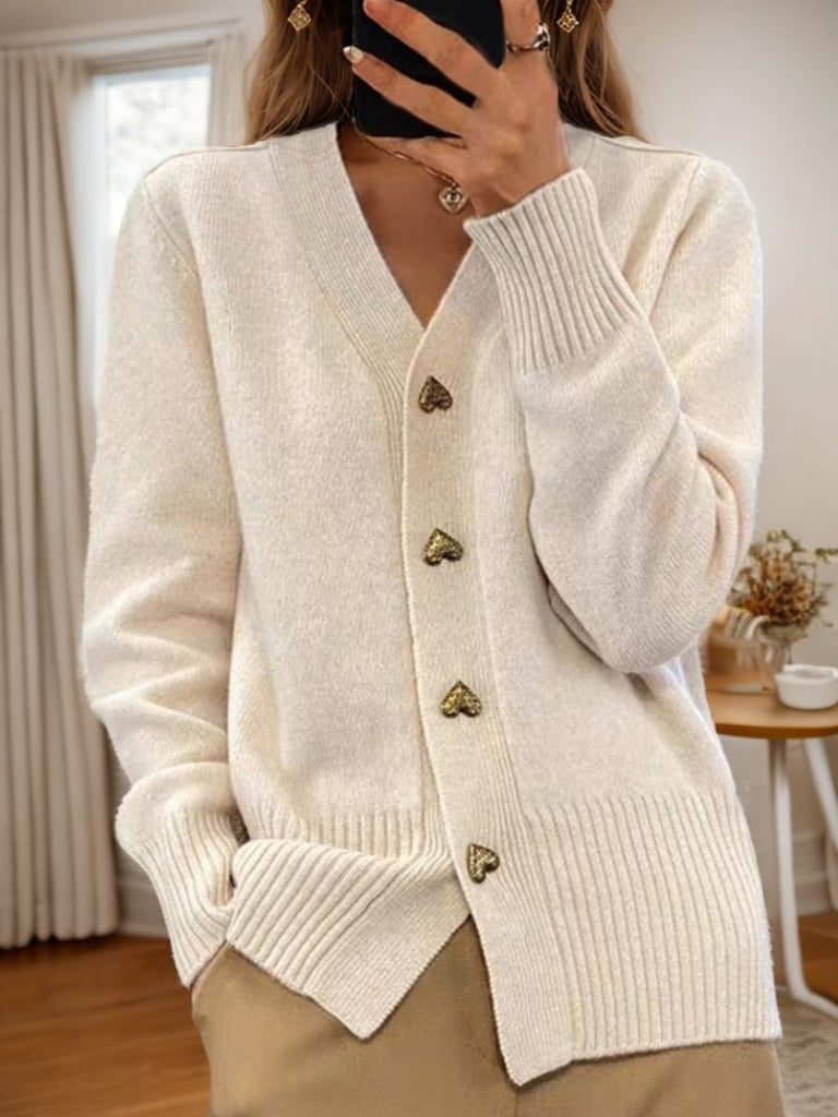 "Autumn & Winter Solid Color Long Sleeve V-Neck Knitted Cardigan"