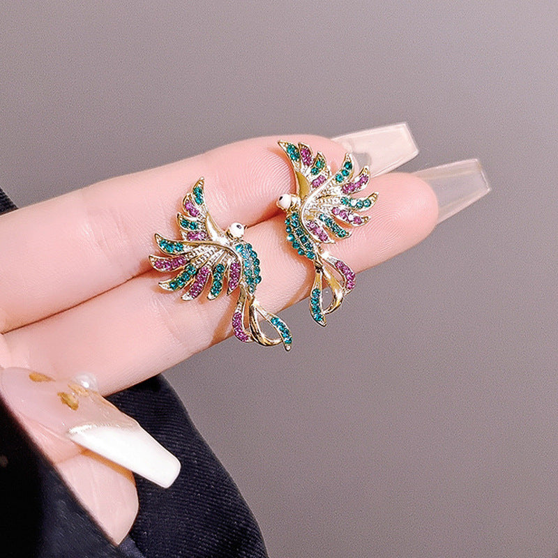 "Colorful Auspicious Bird Ear Studs – Women's Fashion Statement"