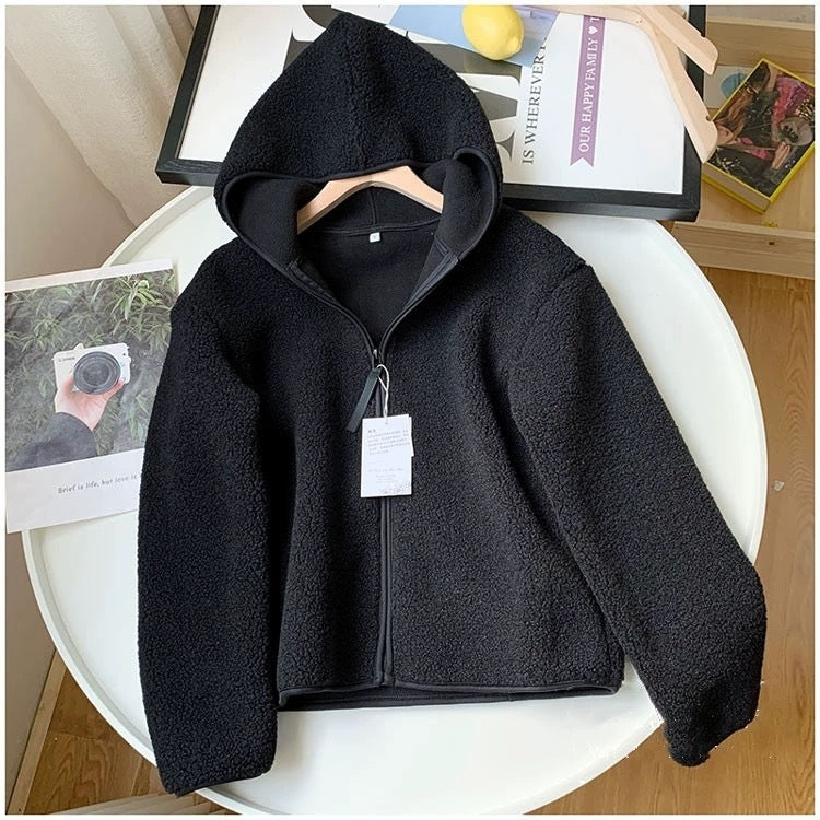 "Autumn & Winter Faux Cashmere Polar Fleece Hooded Jacket – Cozy Long Sleeve Zippered Outerwear"