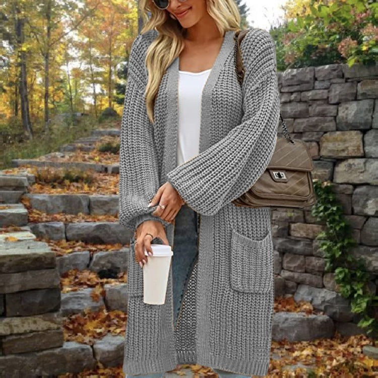 "European & American Lantern Sleeve Cardigan – Loose Fit Mid-Length Sweater with Pockets for Autumn & Winter"