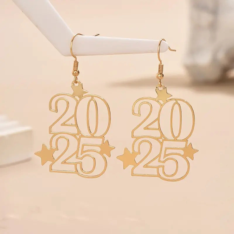 "New Creative Golden Number 2025 Dangle Earrings – Festive Fashion Jewelry for Women"