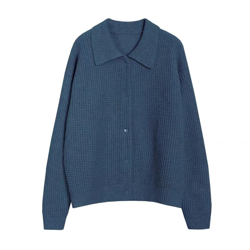 "Retro Style Polo Collar Solid Color Loose-Fitting Knitted Cardigan – Versatile Sweater for Every Wardrobe"