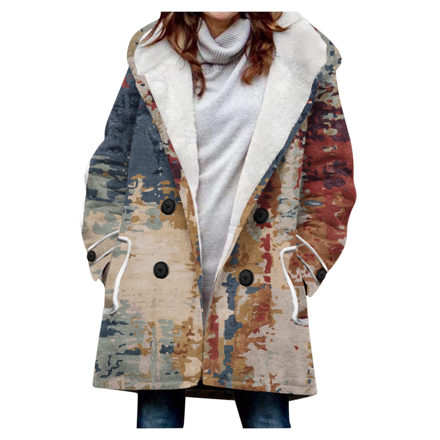 "Women's Winter Windbreaker – Thickened Imitation Lamb Stitching Floral Hooded Coat"