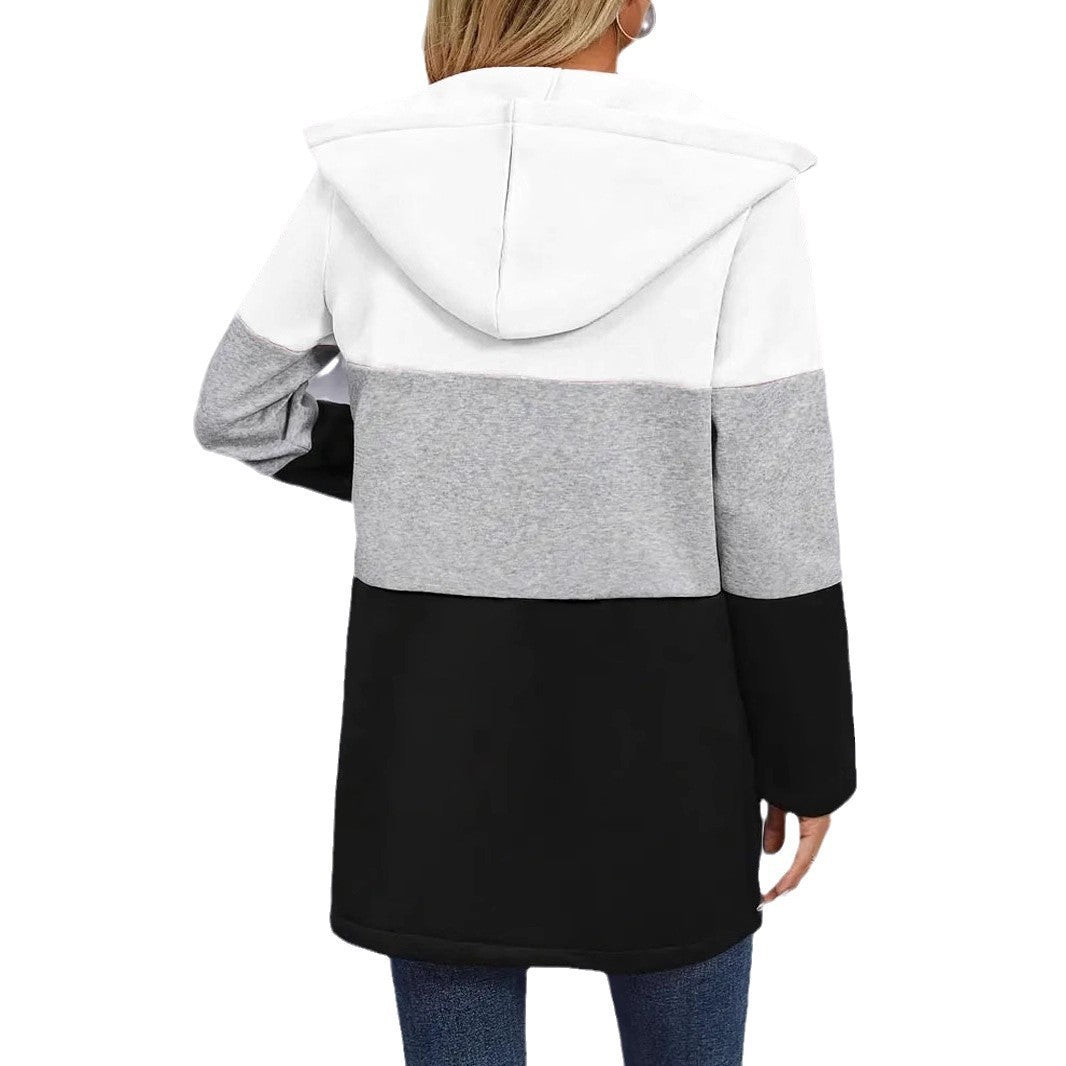 "Autumn and Winter Leisure Fashion Patchwork Hooded Jacket – Loose Color Contrast Style for Casual Comfort"