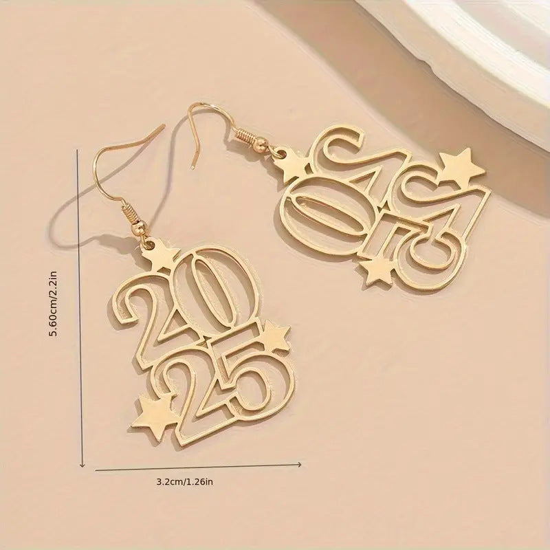 "New Creative Golden Number 2025 Dangle Earrings – Festive Fashion Jewelry for Women"