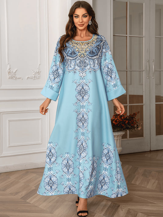 "High-Density Rhinestone Floral-Print Beaded Robe – Elegant Round Neck Dress"