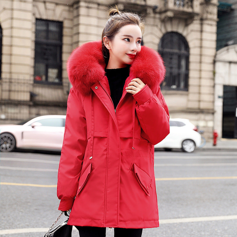 "New Fleece-Lined Mid-Length Coat – Big Fur Collar Thicken Cotton Outerwear for Ultimate Winter Warmth"