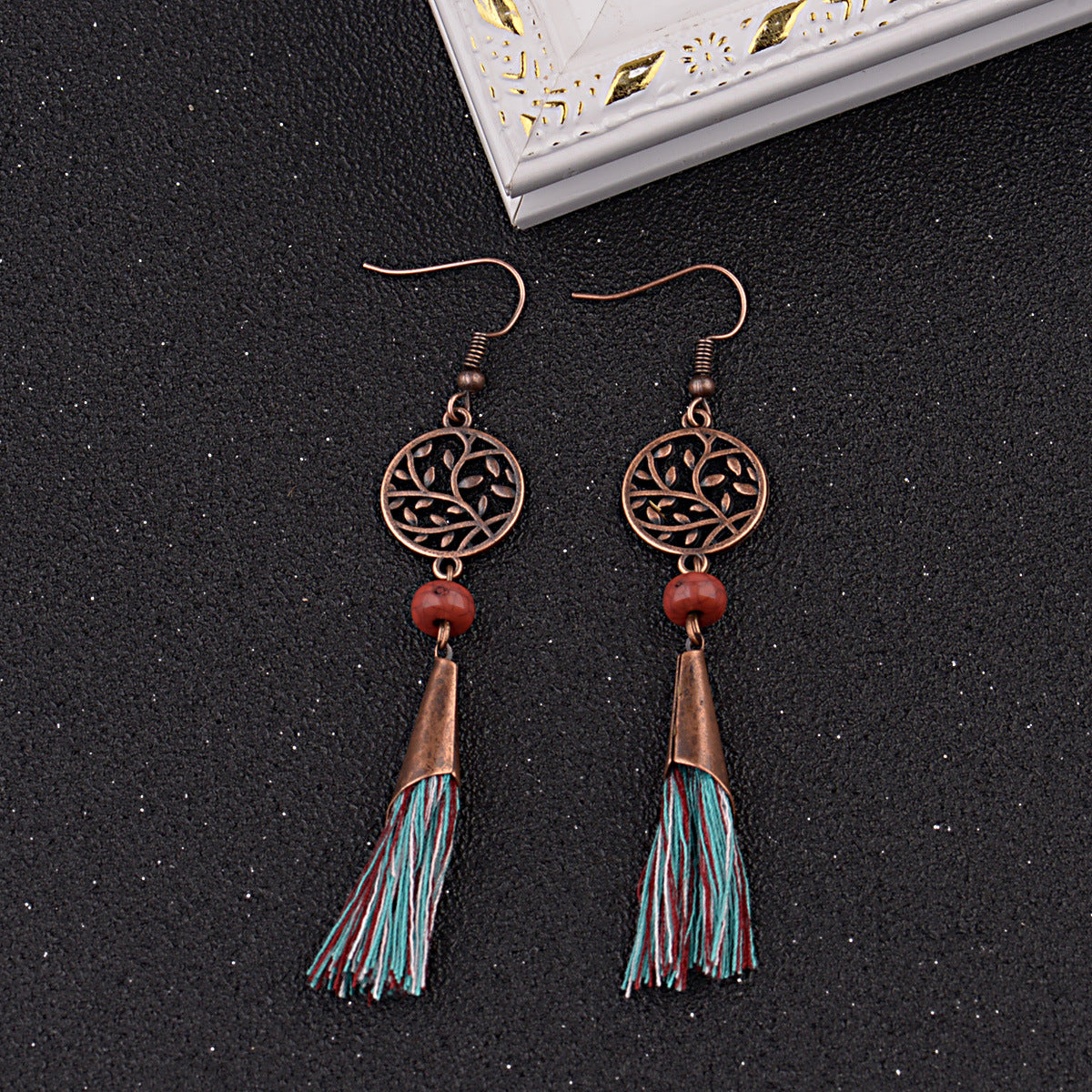 Literary Leaves Hollow Out Stitching Mixed Color Tassel Chinese Style Retro Ethnic Style Earrings