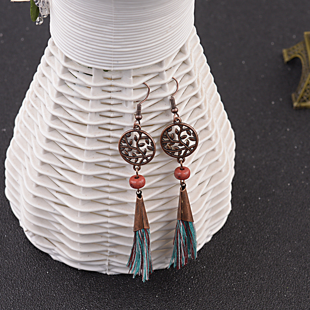 Literary Leaves Hollow Out Stitching Mixed Color Tassel Chinese Style Retro Ethnic Style Earrings