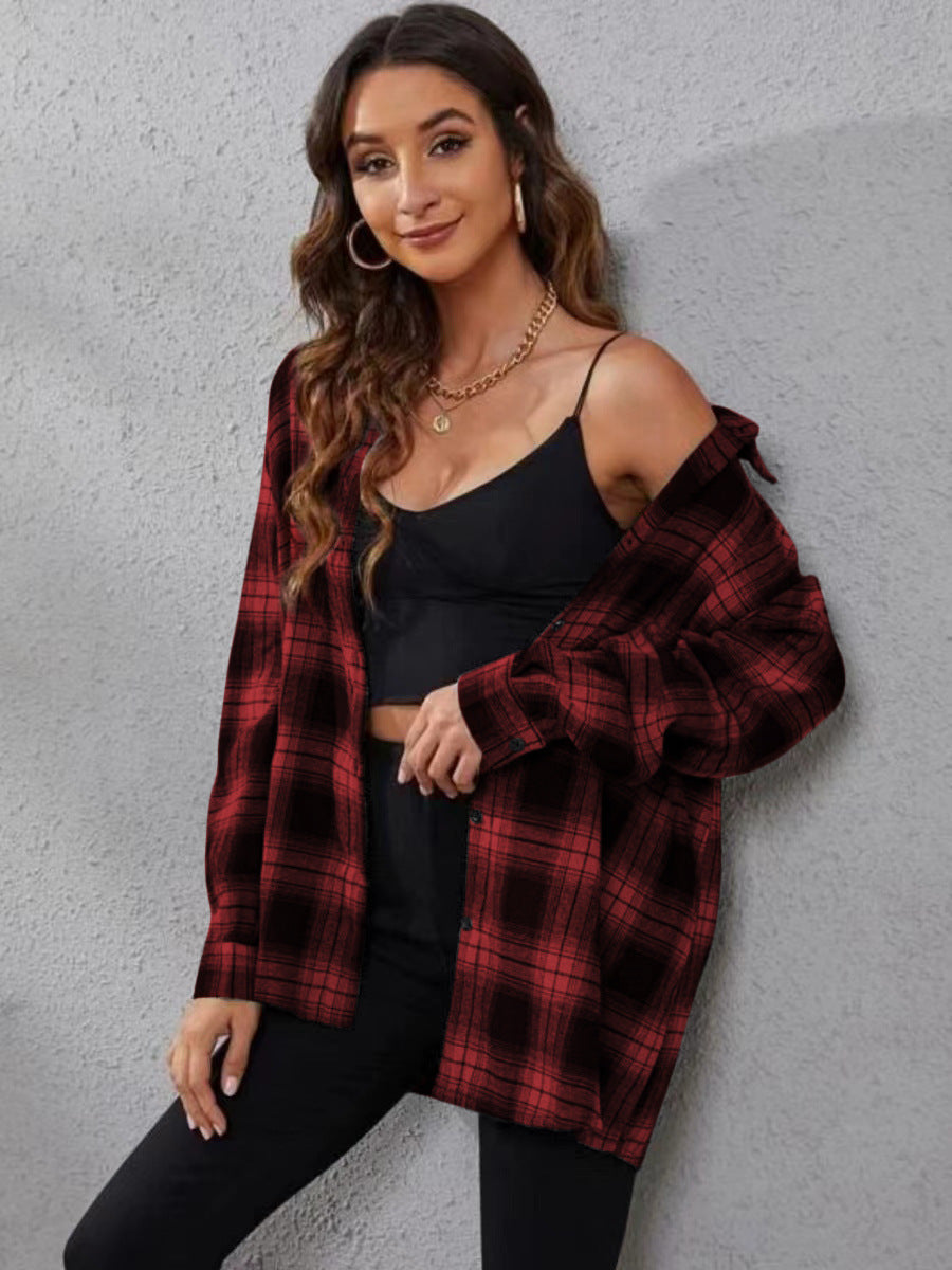 "Women's Fashion Plaid Cardigan Loose Shirt – Casual & Cozy Layer"