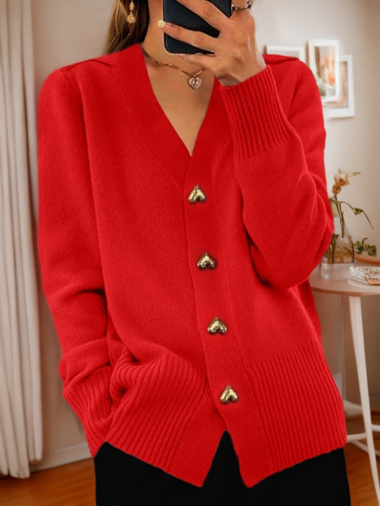 "Autumn & Winter Solid Color Long Sleeve V-Neck Knitted Cardigan"