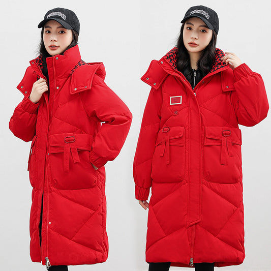 "Detachable Hat Cotton Coat – Over-the-Knee Padded Down Jacket for Winter"