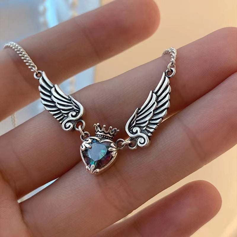 "Vintage Gothic Heart Crown Angel Wings Pendant Necklaces For Women Fashion Exquisite Love Shape Clavicle Chain Choker Jewelry"