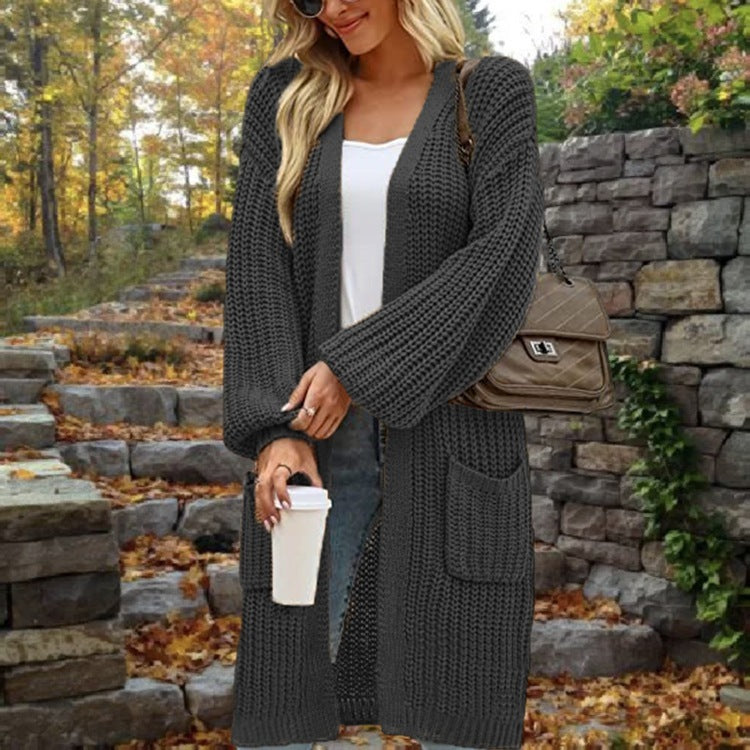 "European & American Lantern Sleeve Cardigan – Loose Fit Mid-Length Sweater with Pockets for Autumn & Winter"