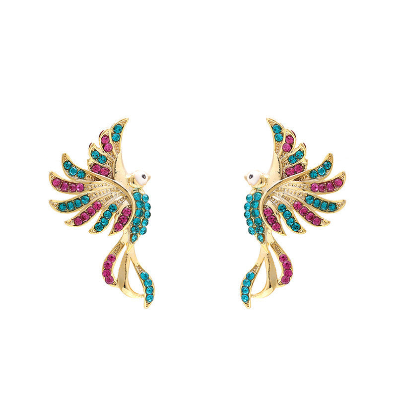 "Colorful Auspicious Bird Ear Studs – Women's Fashion Statement"