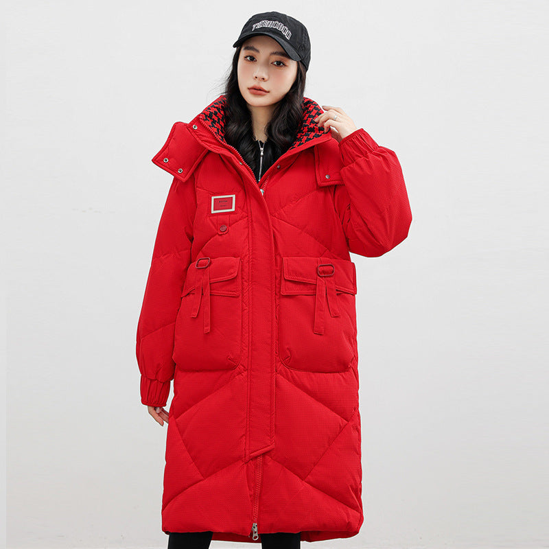 "Detachable Hat Cotton Coat – Over-the-Knee Padded Down Jacket for Winter"