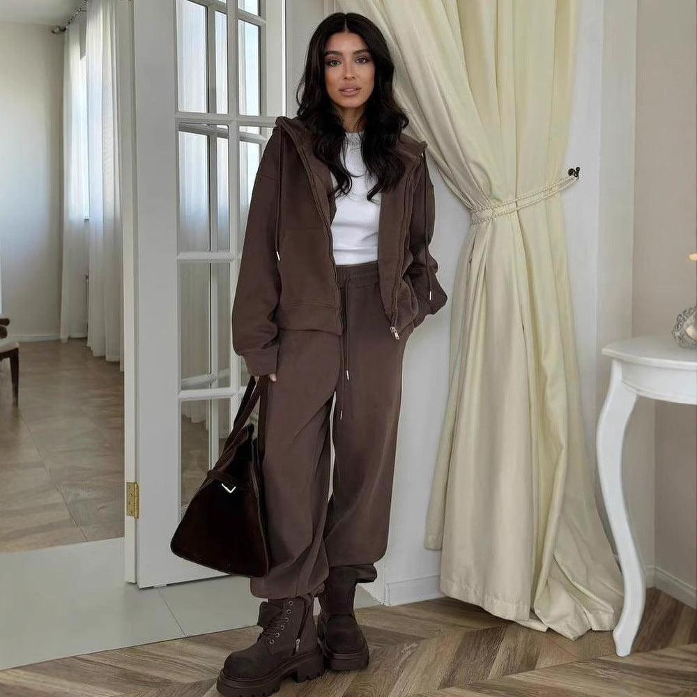 "Women's Zipper Solid Color Long-Sleeved Hooded Sweater & Straight Casual Pants Set"