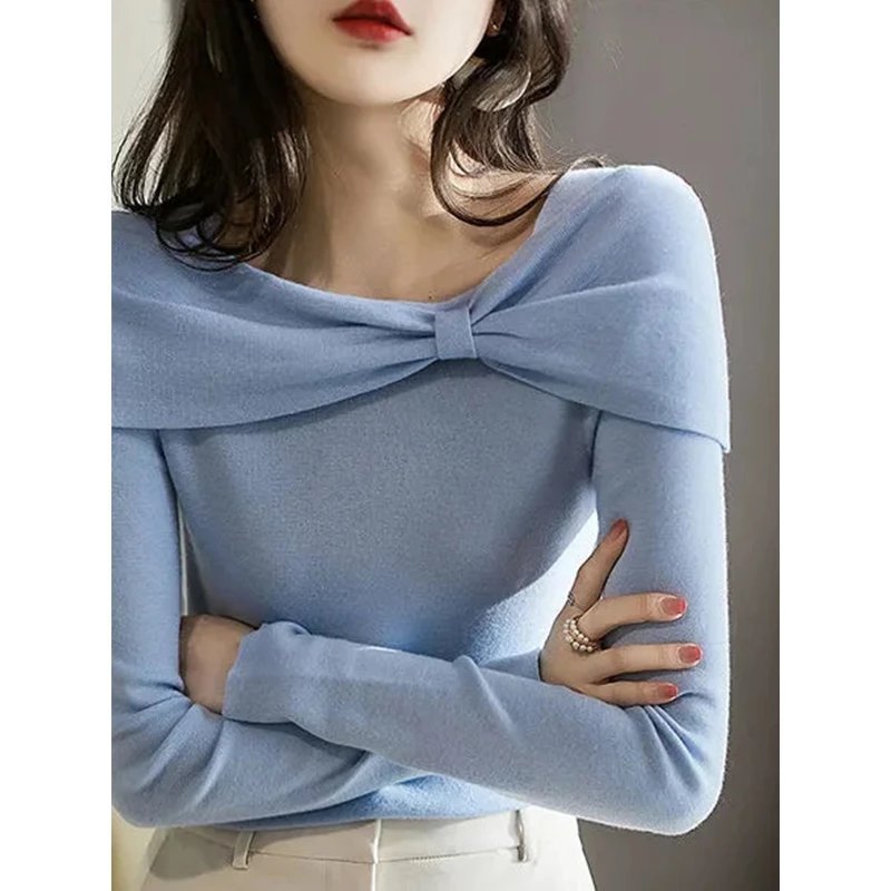 "Women's Diagonal Collar Long-Sleeved Sweater – Elegant Asymmetrical Knitwear"