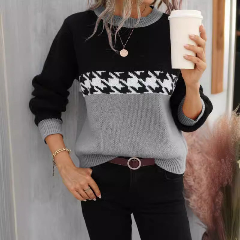 "Contrast Color Round Neck Pullover – Fashionable Geometric Pattern Knitted Sweater"